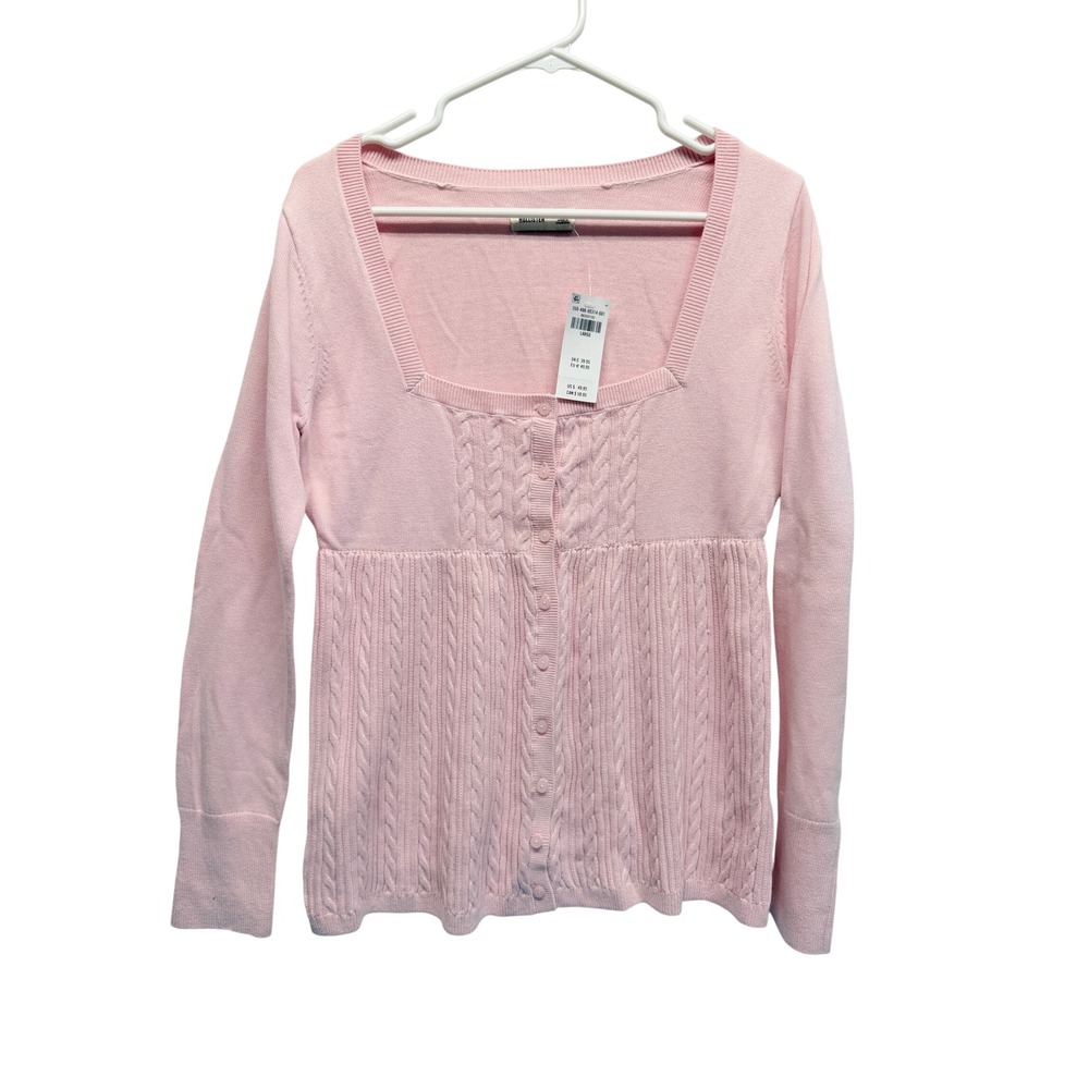NWT Hollister Pink Cable Knit Sweater Large Square Neck Babydoll Cardigan